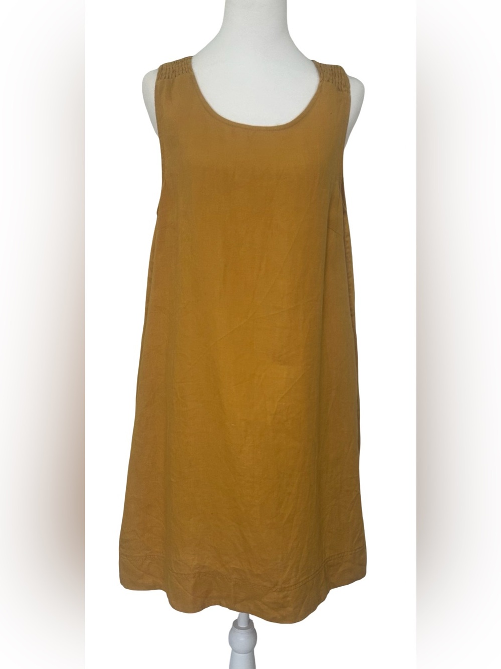 Tahari 100% Linen Shift Dress Mustard Yellow Sleeveless Pockets M Lagenlook Boho - Picture 2 of 10